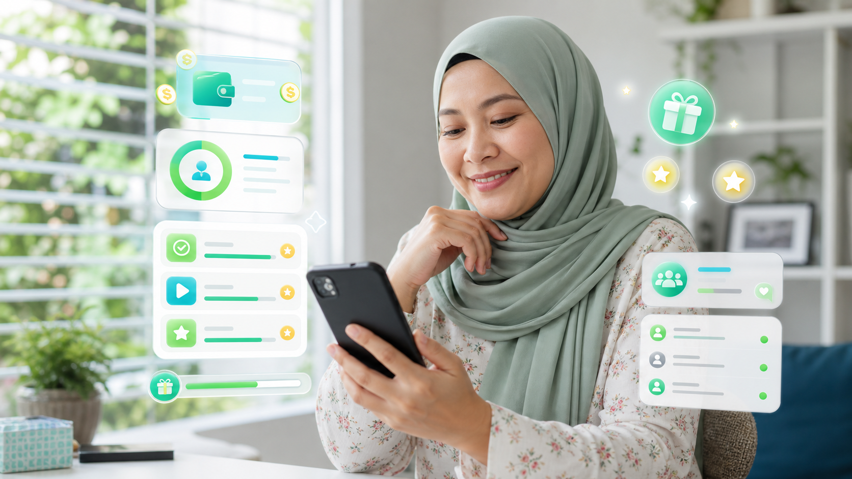 Aina AI memegang telefon dengan paparan ganjaran tugasan
